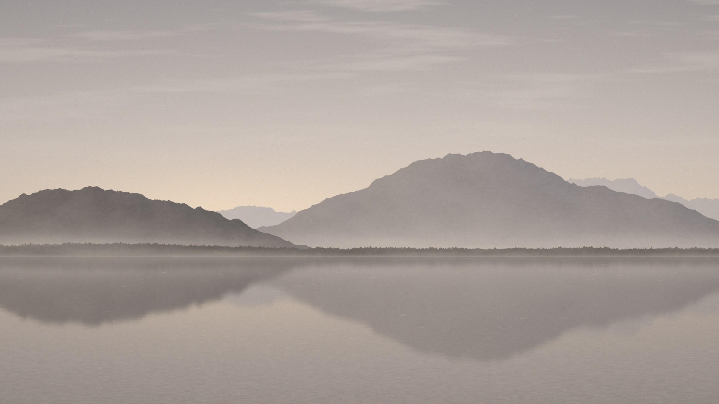 Voralpensee im Abenddunst, dahinter gestaffelte Bergzüge, die sich im ruhigen Wasser spiegeln