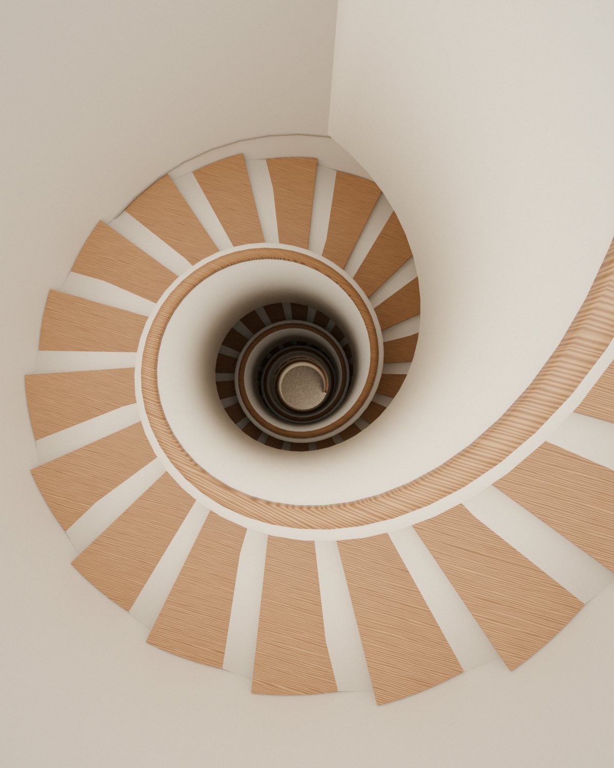 Blick von oben in eine Wendeltreppe: Stufen aus Eichenholz, weisse Brüstung mit Handlauf aus Eiche, die sich um das Treppenauge windet